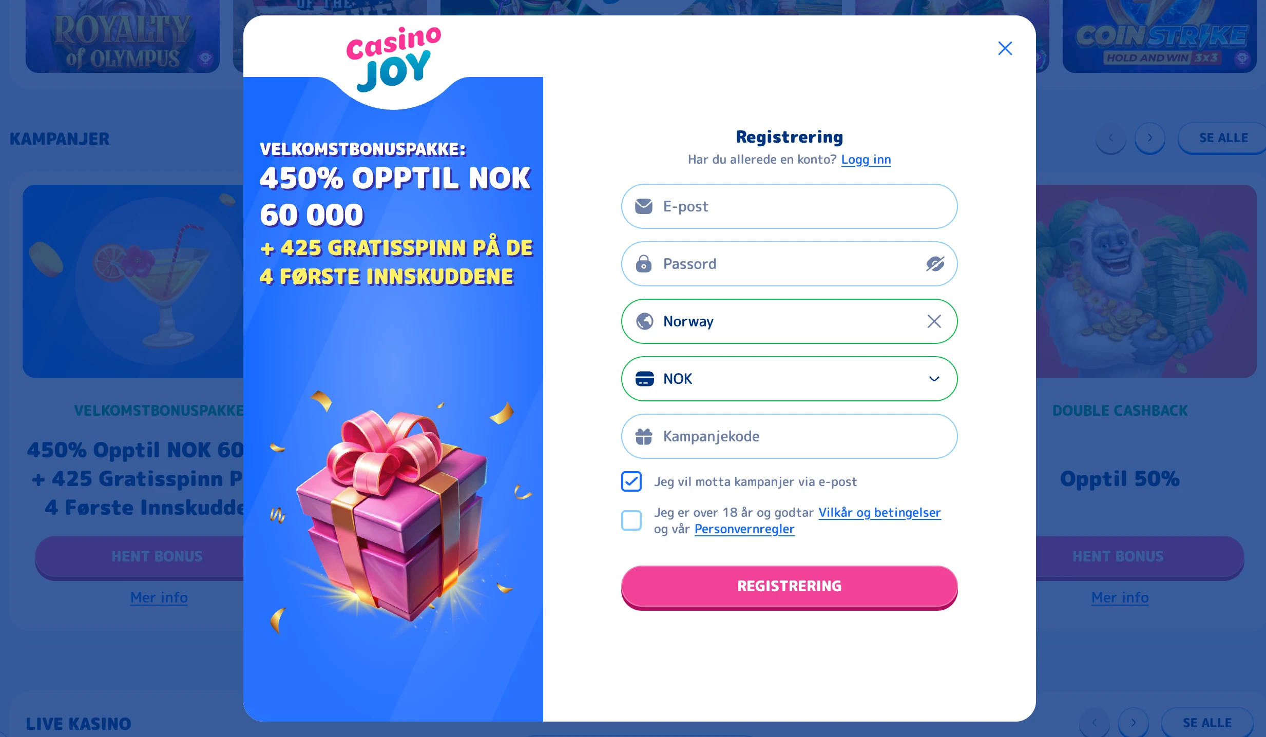 Casino Joy registrering